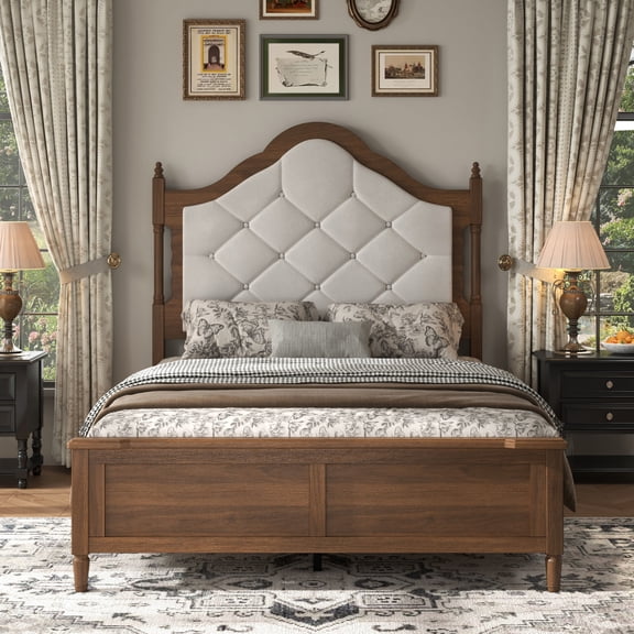 Full Size Bed Frame with Upholstered Headboard, Vintage Mid Century Wood Bed, Brown Engineered Wood Platform Bed No Box Spring Needed