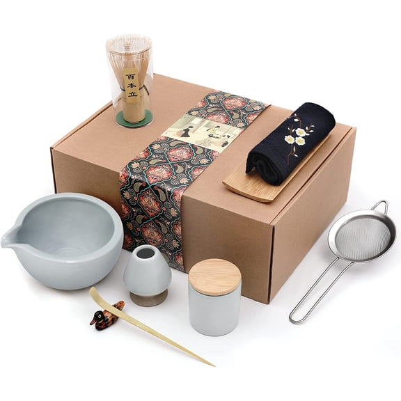 9Pcs Japanese Matcha Tea Set, Matcha Bowl with Pouring Spout, Matcha Whisk, Ceramic Whisk Holder, Tea Scoop, Matcha Powder Caddy, Traditional Handmade Matcha Ceremony Gift Box Kit
