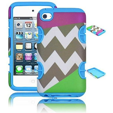 Ipod 4th Generation Hard Case Bastex Hybrid Hard Case for Apple Ipod Touch 4, 4th Generation - Sky Blue Silicone with Purple & Green Chevron Pattern Shell Cover ()