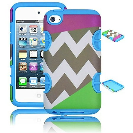 Bastex Hybrid Hard Case for Apple Ipod Touch 4, 4th Generation - Sky Blue Silicone with Purple & Green Chevron Pattern Shell