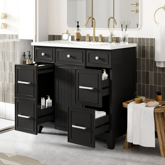 36" Bathroom Vanity Cabinet with Sink Countertop Set, Black, Single Sink, Shaker Cabinet with Soft Close Doors and 3 Drawers, Ample Storage Space