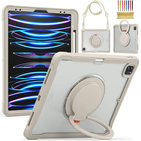 Silicone Case for iPad Air 6th Generation 13" 2024 M2 A2898/A2899/A2900, Heavy Duty 360° Ring Stand with Shoulder Strap Pen Holder Translucent Hard PC Back Case Cover for iPad Air 13" 2024, Khaki