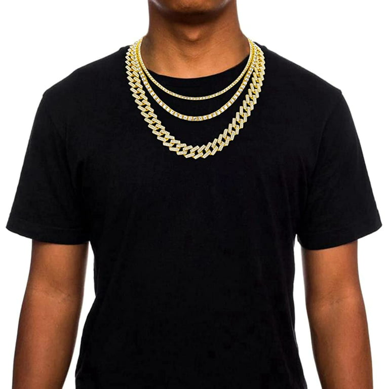 HH Bling Empire Gold Tennis and Cuban Link Chain for Men,Iced Out Mens  Diamond Cuban Chain Necklace Sets,Hip Hop Rapper Jewelry Chains,3 Pcs  18/20/24 Inch (Set D-Silver) 