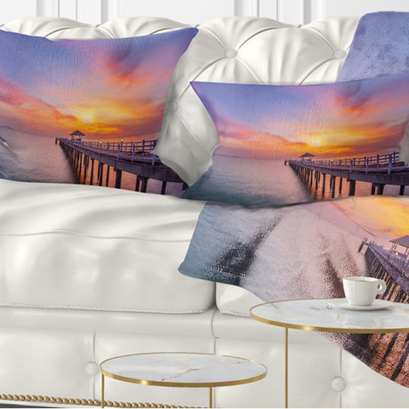 Designart Wooden Bridge Long Into the Ocean - Pier Seascape Throw Pillow - 12x20