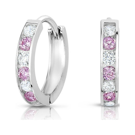 Sterling Silver Huggie Hoop Earring Channel Set with Pink Cubic Zirconia Size 1/2"