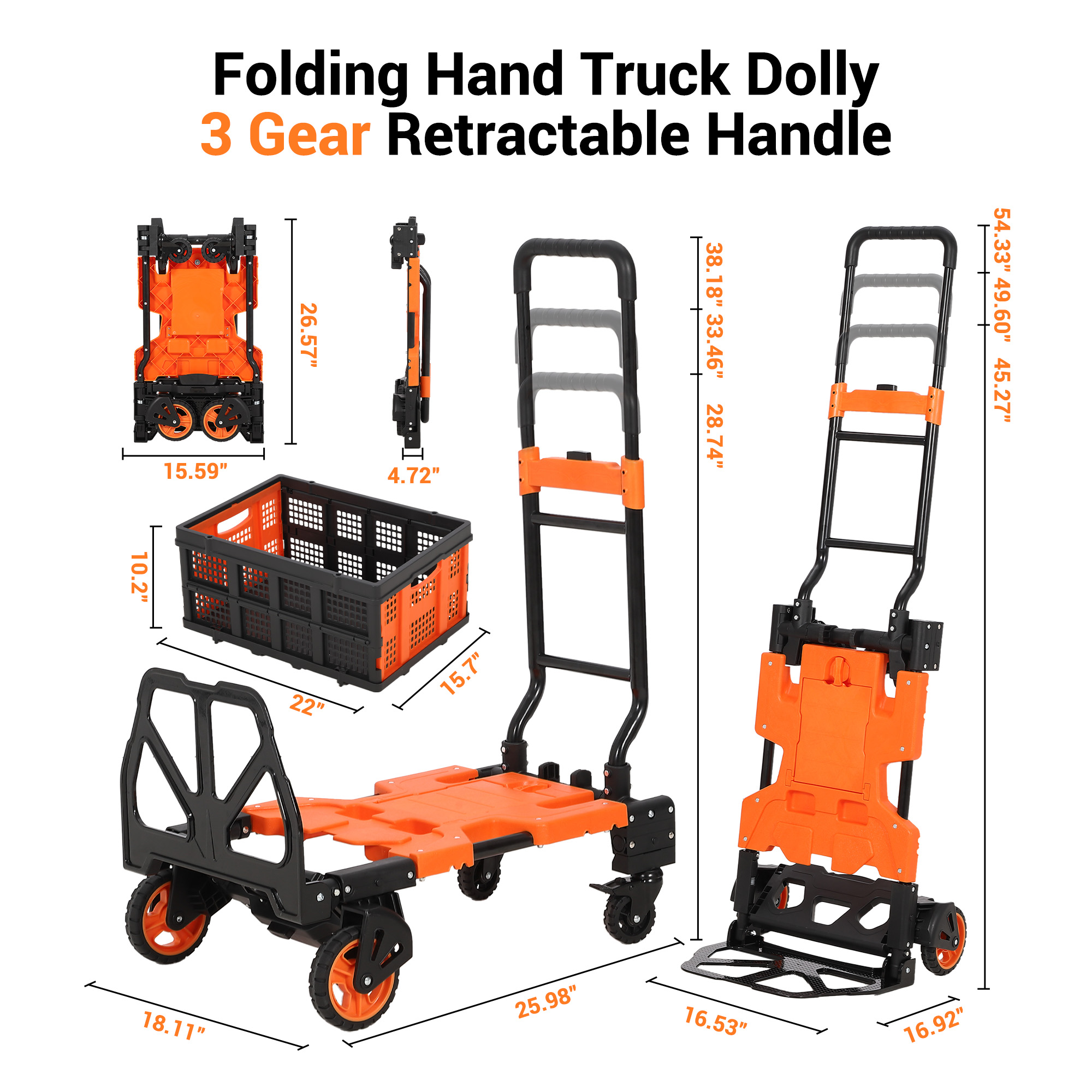 2-In-1 Folding Hand Truck Dolly with Folding Basket, Collapsible Hand Truck Dolly with Retractable Handle & 4 Wheels, 330Lb Capacity Portable Dolly Cart for Moving, Shopping