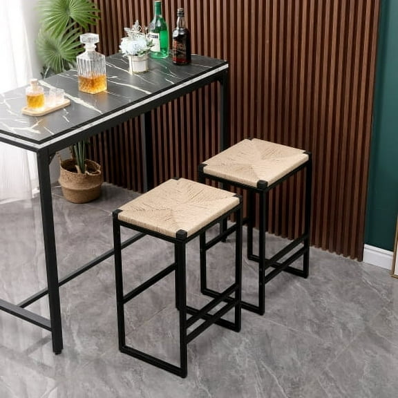Knubmt Set of 2 Backless Bar Stools with Metal Frame, Paper Rope Woven Bar Chair for Home & Kitchen