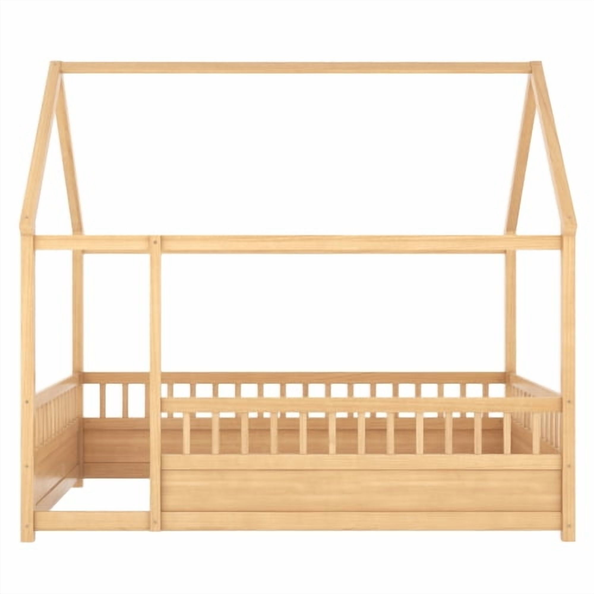 Bellemave Full Size Floor Bed, Wood Full House Bed with High Fence, Safe Playhouse Montessori Floor Bed, Natural