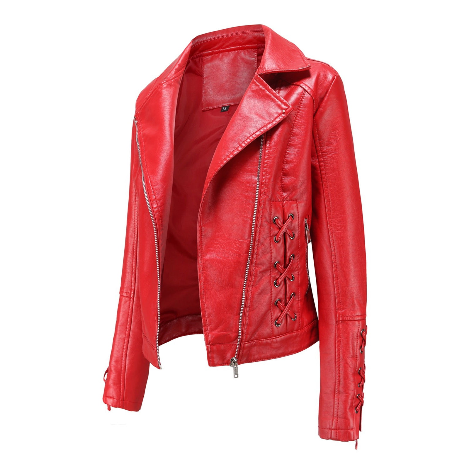Sokhug Women's Slim Fit Faux Leather Jacket Lapel Zip Motorcycle Suit Coat, Red