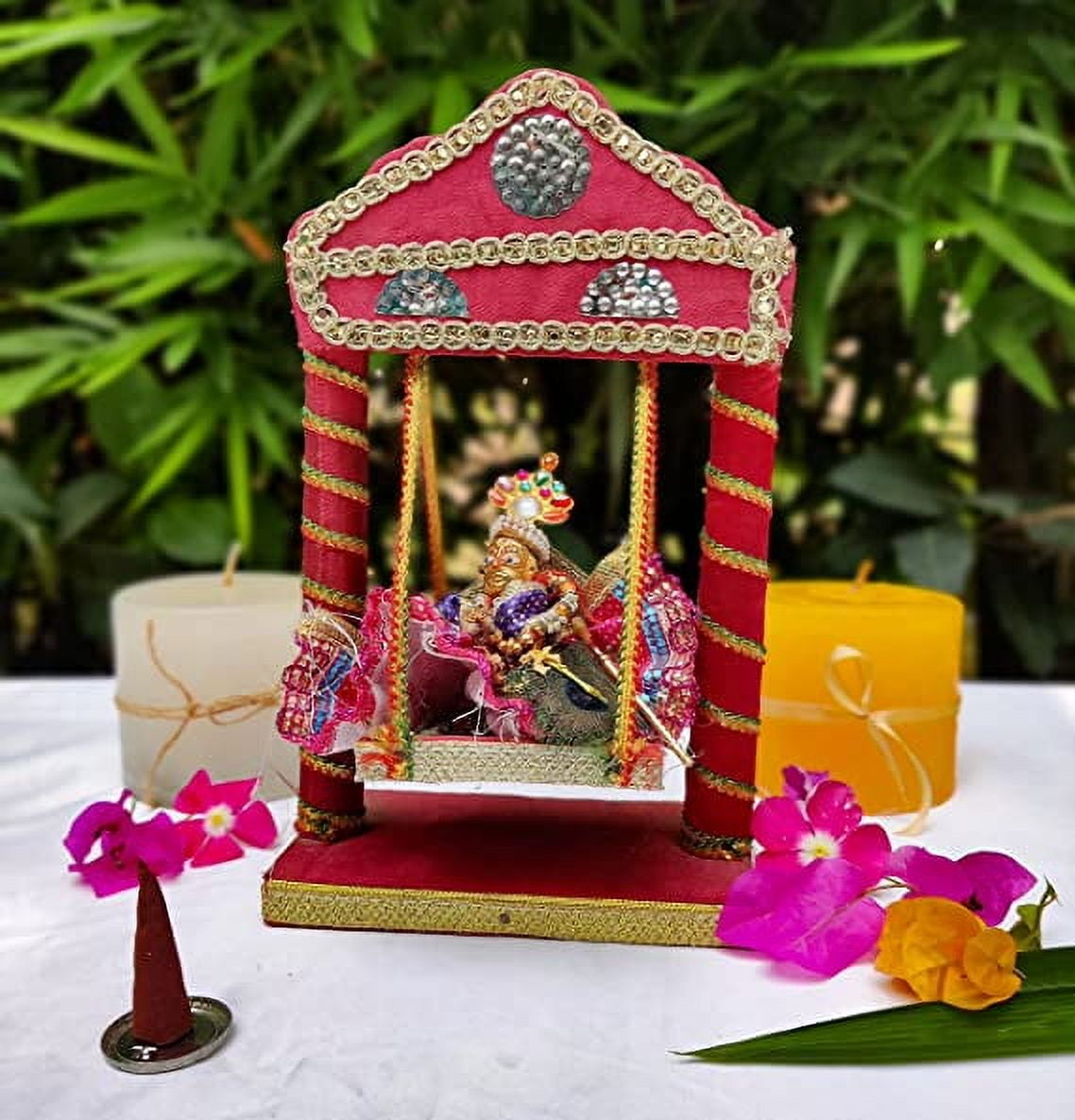 Golden Metal Swing For Lord Krishna - Decorative Jhula For Balgopal & Laddu Gopal In Home Temple