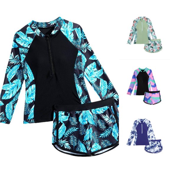 HNMKIU Girls Long Sleeve Rash Guard Swimsuit with Shorts Sun Kids Pool Beach Summer Water Play Two Piece Zip Crew Neck Navy,7-8 Years