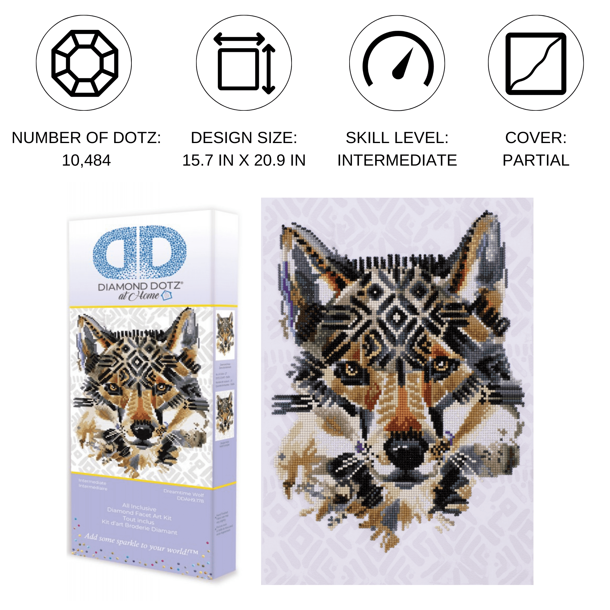 Diamond Dotz at Home - Dreamtime Wolf, Partial Drill, Round Dotz, Diamond Painting Kits, Diamond Art Kits for Adults, Gem Art,  Diamond Art, Diamond Dotz, 16"x21"