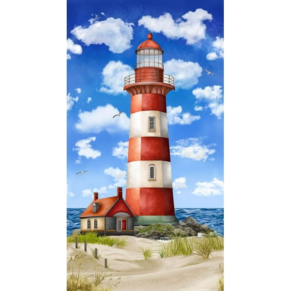 24" X 44" Panel Beacon of Light Lighthouse Water Cotton Fabric Panel D655.15