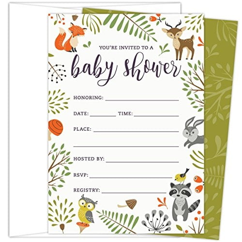 woodland baby shower invitations with owl and forest animals. set of 25  fill-in style blank cards and envelopes. unisex design s