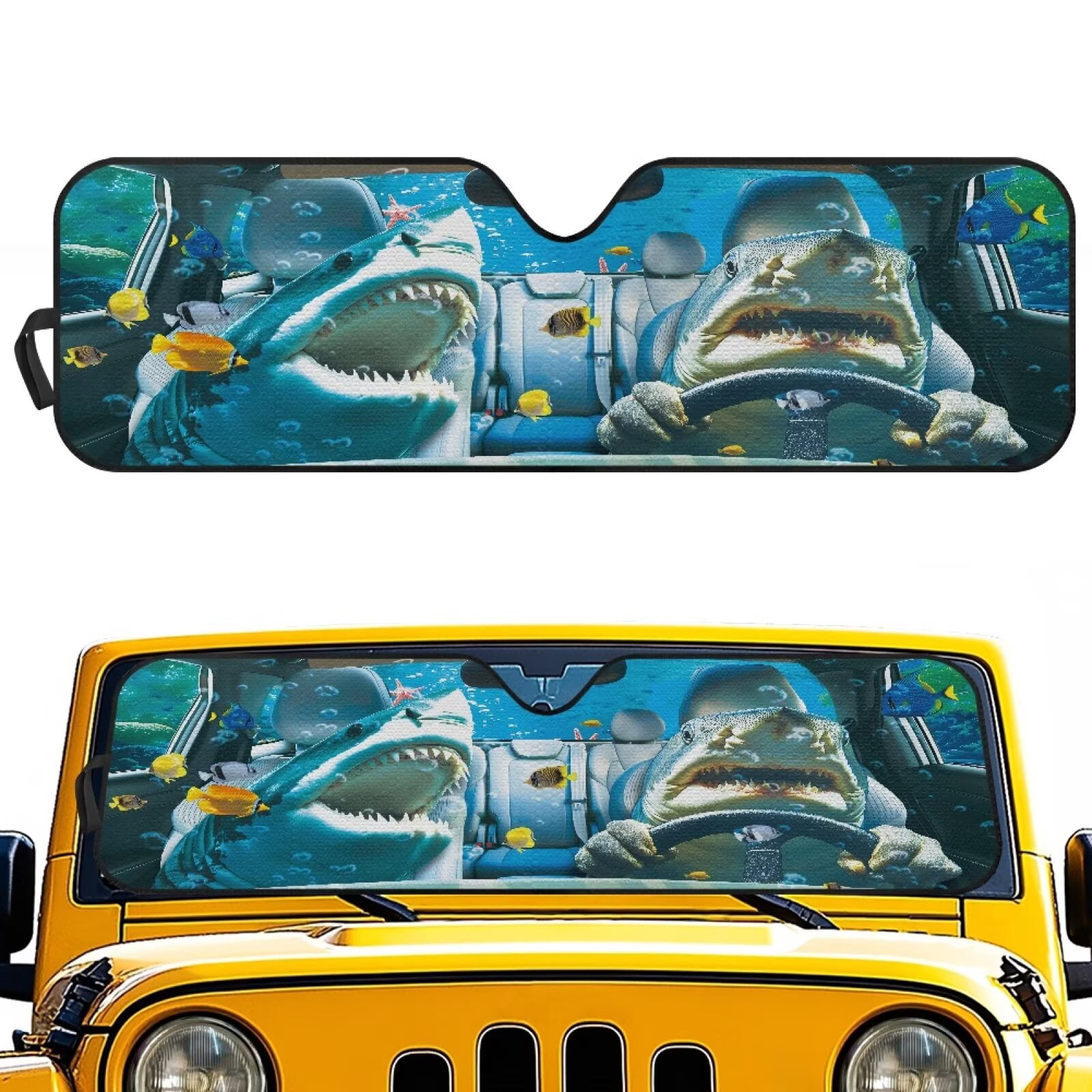 Binienty Shark Funny Windshield Sun Shade Compatible with Jeep Wrangler, Gladiator, FJ Cruiser Auto Window Shades Front Windshield Sunshade Automotive Sun Protection Visors
