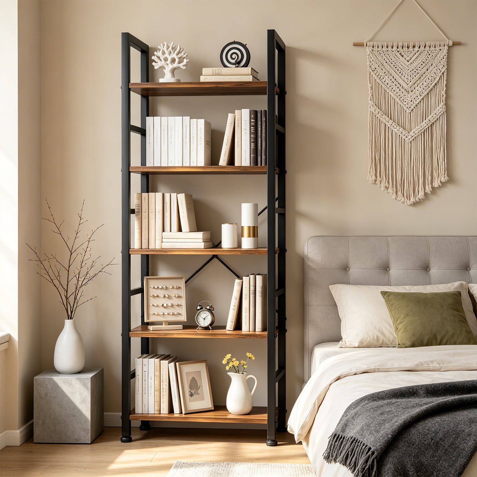 ZEUKMXOO 5-Tier Tall Vintage Industrial Open Bookshelf, Multi-Purpose Standing Storage Shelf Organizer for Living Room, Home Office, Bedroom, Kitchen