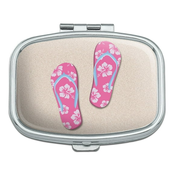 Pink Flip Flops on Sand with Hibiscus Flowers Sandals Beach Rectangle Pill Case Trinket Gift Box