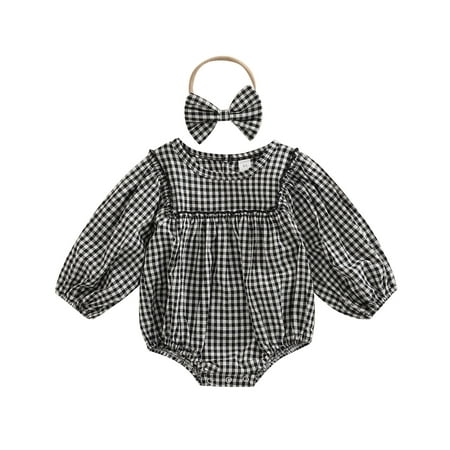 

Calsunbaby Kids Baby Girls Long Sleeve Romper Headband Plaid Printed Stitching Bodysuit Autumn Clothes Black 12-18 Months
