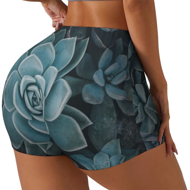 Fotbe Blue Color Cactus Shorts Sin Costuras – Shorts Deportivos de Cintura Alta para Mujer, Elásticos para Gimnasio, Yoga, Running o Ciclismo-Small
