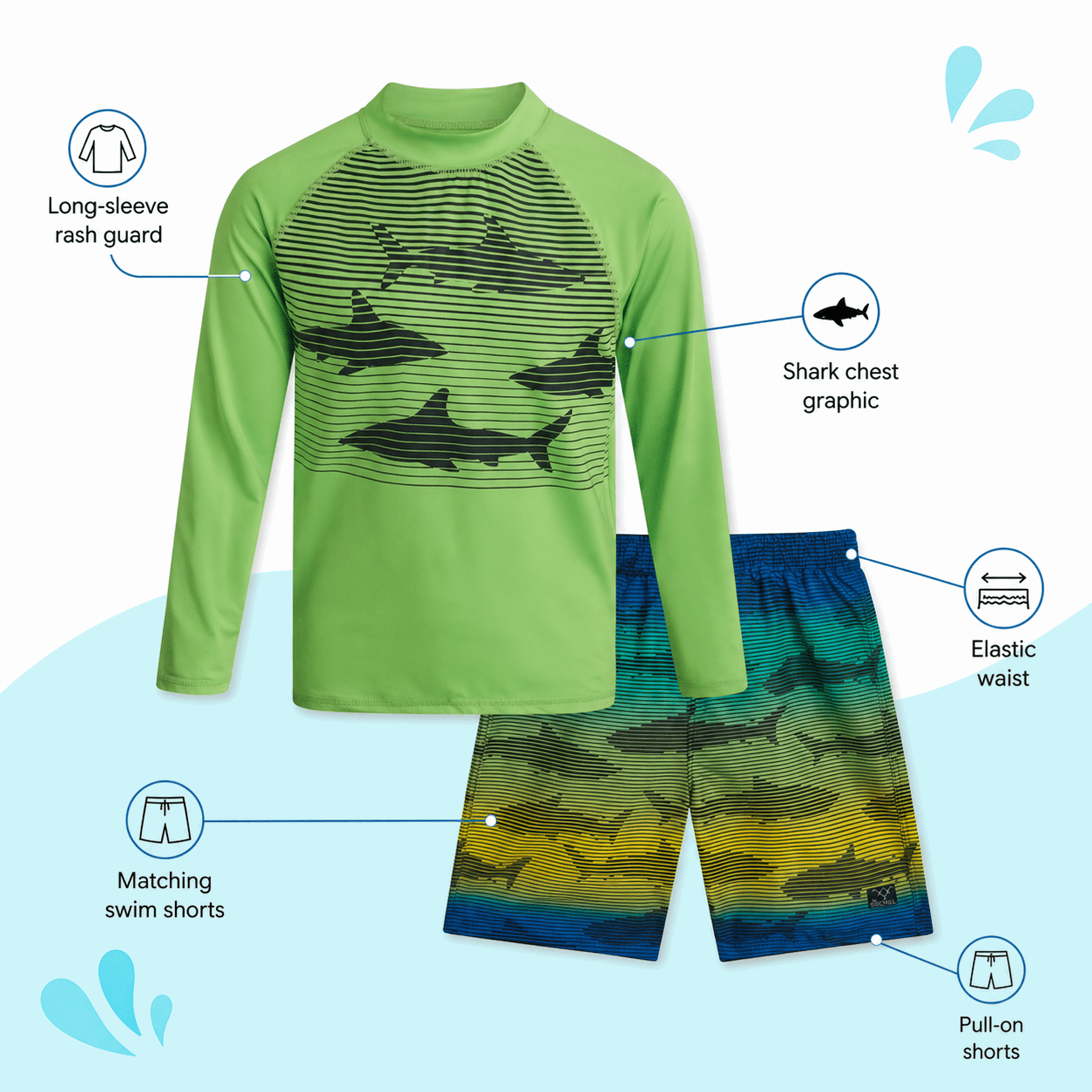Big Chill Boys Swim Set - UPF 50+ Long Sleeve Rash Guard and Swim Trunks, 2 Piece Boys Swimsuit Set