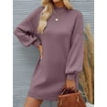 thumbnail image 2 of YOGAFOX Women's Fall Oversized Turtleneck Lantern Sleeve Casual Knit Mini Dress Dark Violet M, 2 of 5