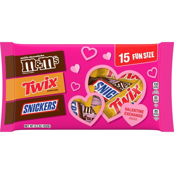 M&M's, Twix & Snickers Milk Chocolate Fun Size Valentines Day Gifts - 15 Ct Bag