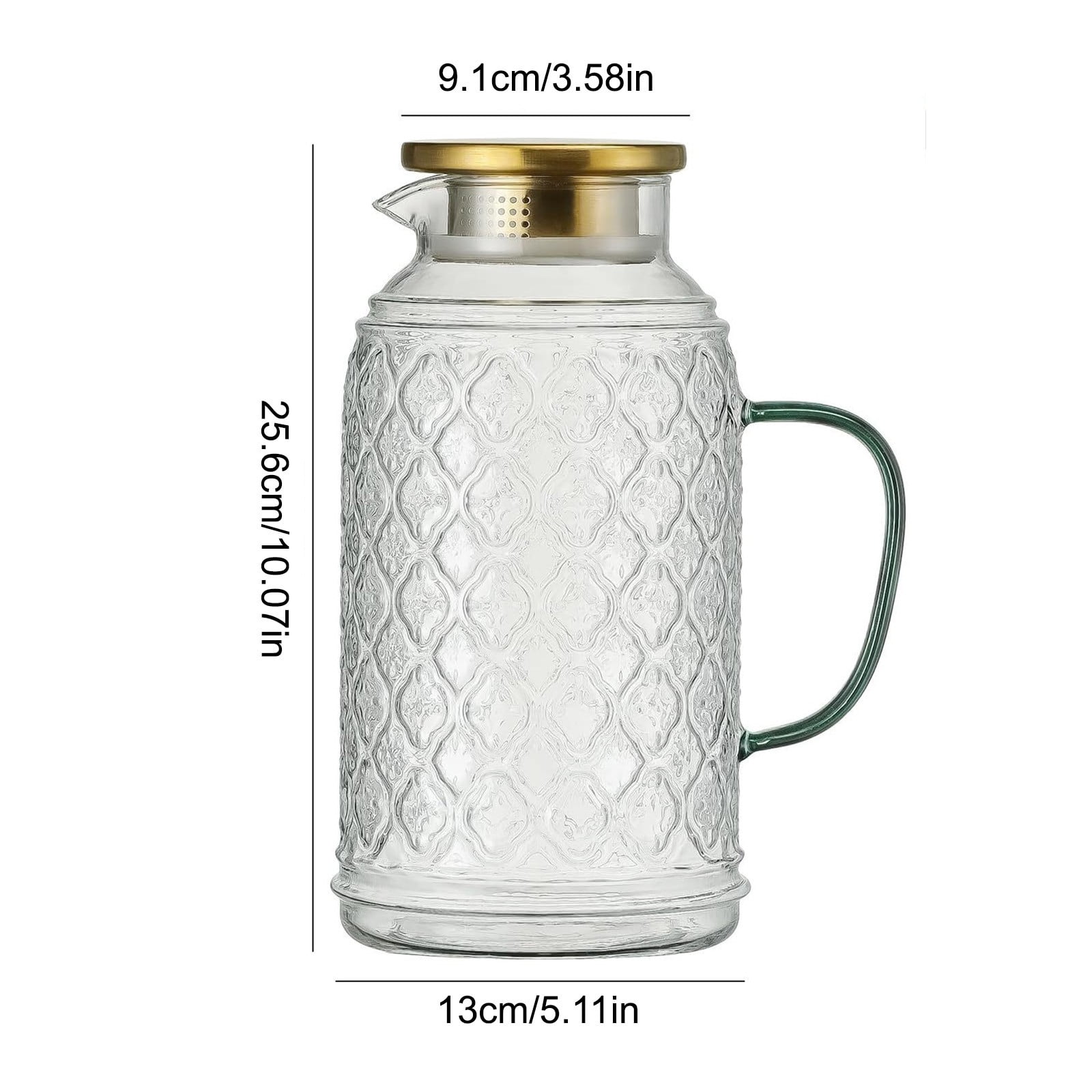 COM1950s Glass Water Pitcher, Large Capacity 2000ml Borosilicate Glass Iced Tea Pitcher, Heat Resistant Water Carafe with Filter Lid, Refrigerator Safe Drink Dispenser for Home Kitchen and Party