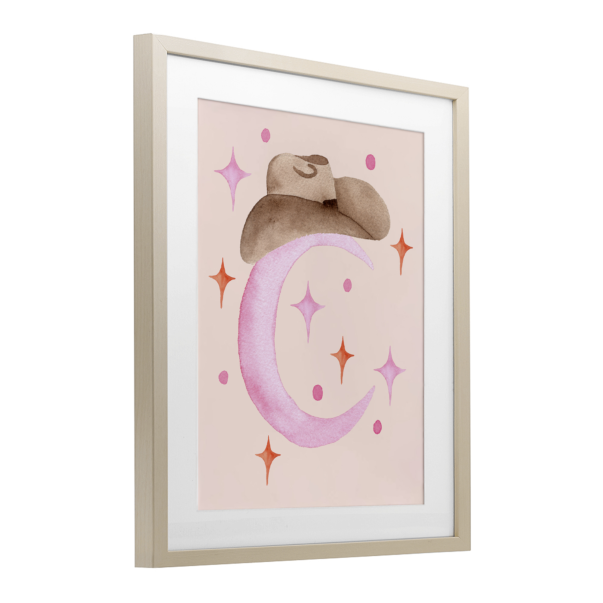 Moon Cowgirl Hat Birch Framed Print Under Glass, design by Nina Jacobs