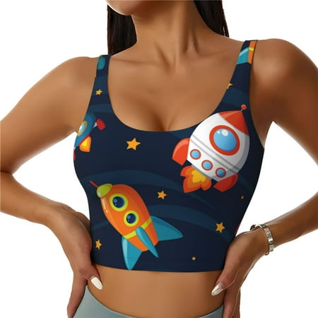 Jgfou Spaceships and Stars Print Womens Sports Bra - Padded Workout Sports Bras Crop Tank Top