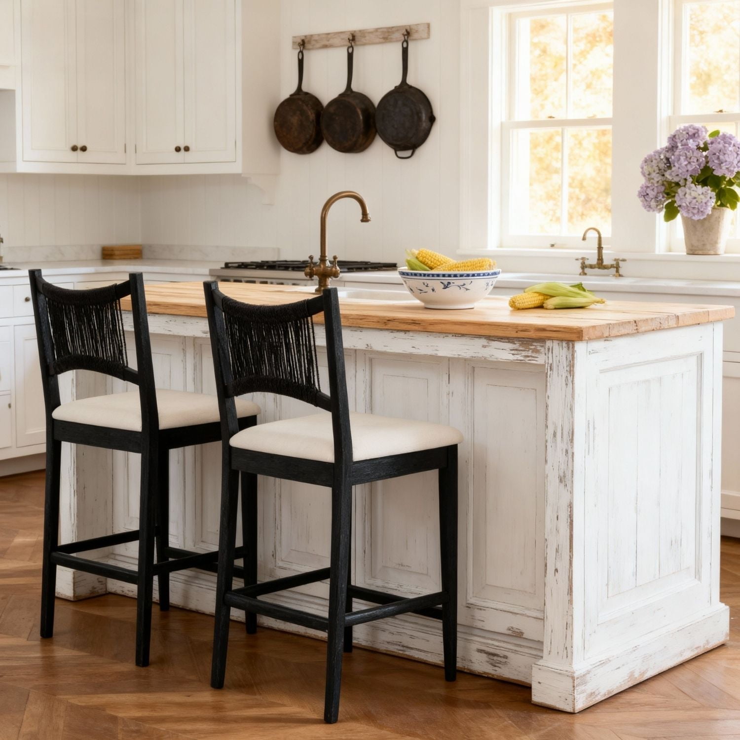 Dayalane Farmhouse Bar Stools Set of 2, 25.5" Counter Height Bar Stools with Paper Cord Woven Back and Solid Wood Frame, Chenille Upholstered Kitchen Island Chairs for Dining Room Home Bar, Black