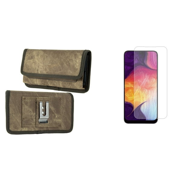 Pouch and Screen Protector Bundle for iPhone 14: Rugged Denim Nylon Belt Holster Case (Tan Brown) and (2-Pack) Tempered Glass Shield