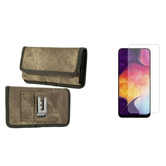 Holster and Screen Protector Bundle for OnePlus 10 Pro: Rugged Denim Nylon Belt Pouch Case (Tan Brown) and (2-Pack) Tempered Glass Shield