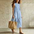thumbnail image 4 of Ovbmpzd Linen Womens Summer Dresses Midi Pleated Light Blue Shift Dress Casual Sleeveless Button Down Dresses,M, 4 of 6