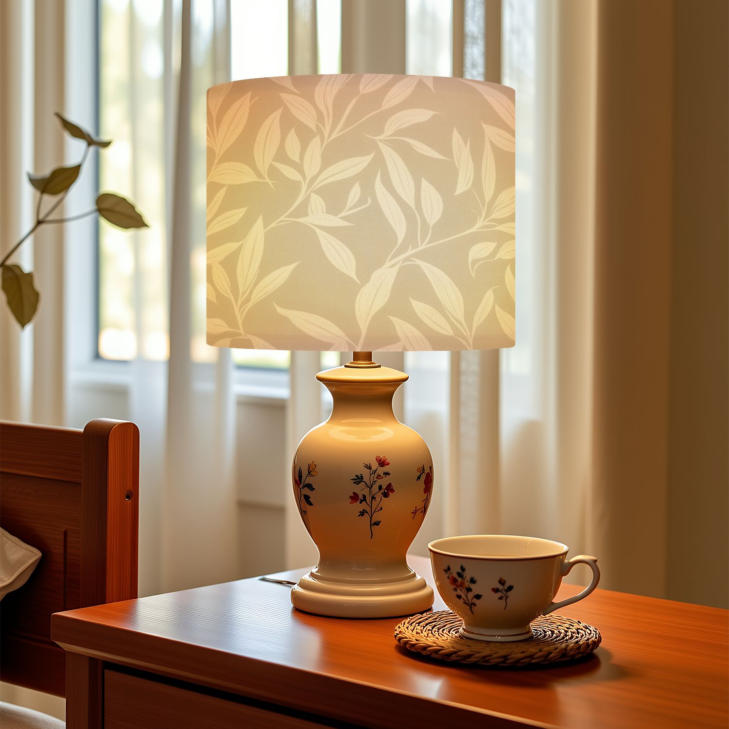 Linen Drum Lampshades Neutral Colour Tropical Leaf design for fashion textiles 13"x13"x10" Light Shade for Table Lamps Floor Lamps Drum Lamp Shades Lampshade Replacement Assembly Required