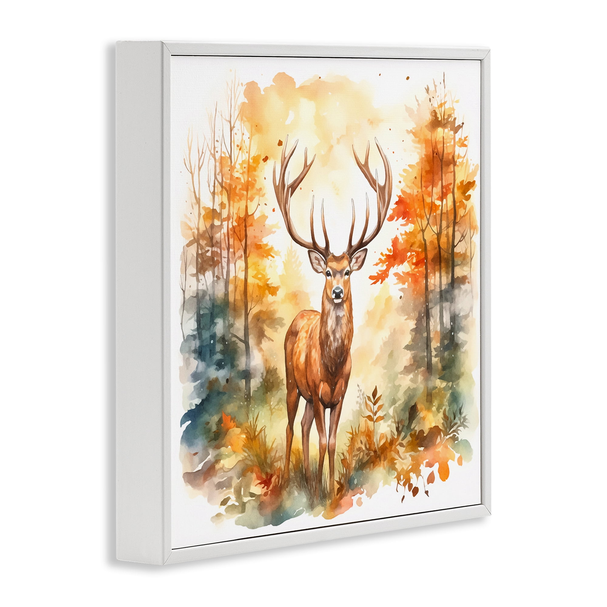 Stupell Industries Autumn Forest Stag Landscape Painting White Framed Art Print Wall Art, 24 x 24