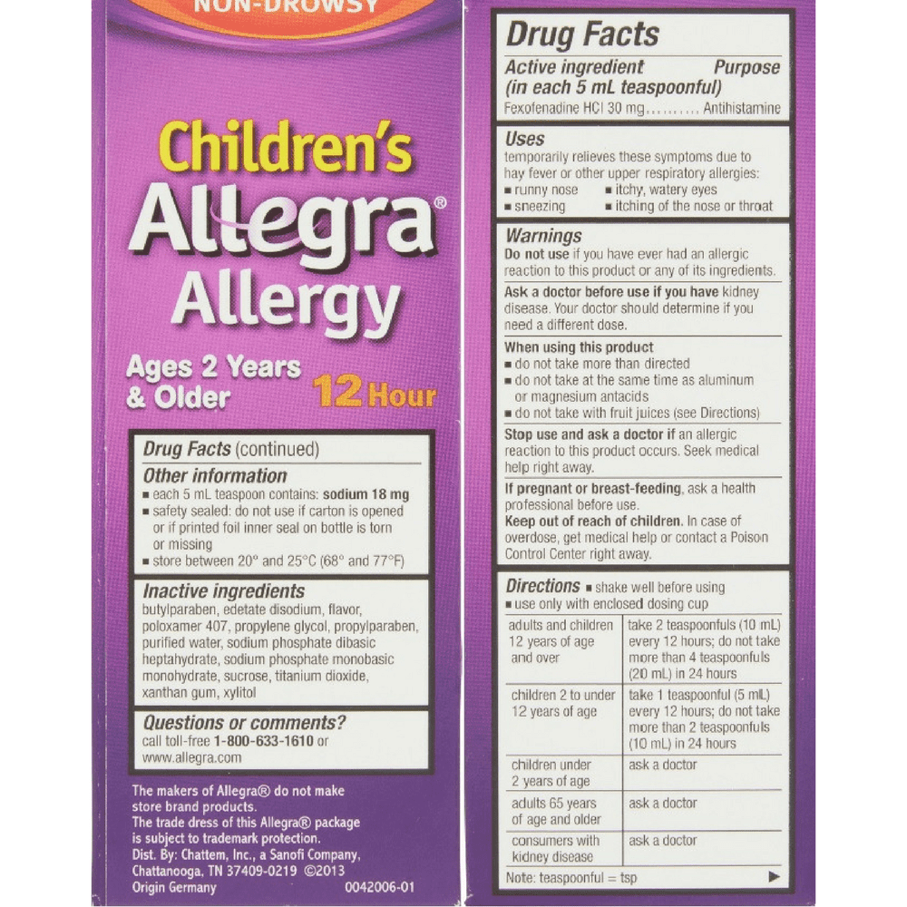 Allegra Children's Allergy Oral Suspension Berry Flavor 4 oz (Pack of 6)