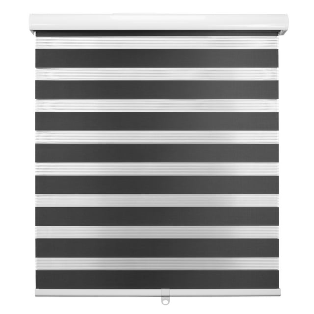 Biltek Zebra Cordless Window Blinds in black, featuring dual-layered light filtering roller shades with a modern striped design. These 31-inch wide by 72-inch high blinds are made of 100% polyester and include a Slide-N-Click locking system for easy installation. The cordless design ensures safety for children and pets, while the 3-in-1 functionality allows for adjustable light control and privacy. Includes mounting hardware and instructions.