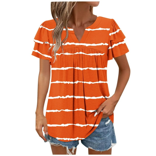 Camisas de Cuello de Tripulación de Manga Corta para las Mujeres Plisado Mangas de Ruffle, Cuello Redondo Casual Primavera Y Blusa de Verano