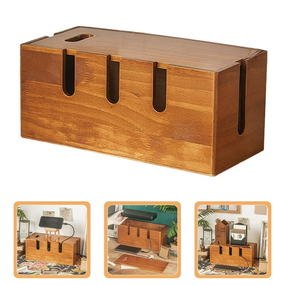 WEAVILUX 1Set Cable Management Box Light Brown Wooden Rectangular Cord Hiding Box for Desk Accessories Home Office
