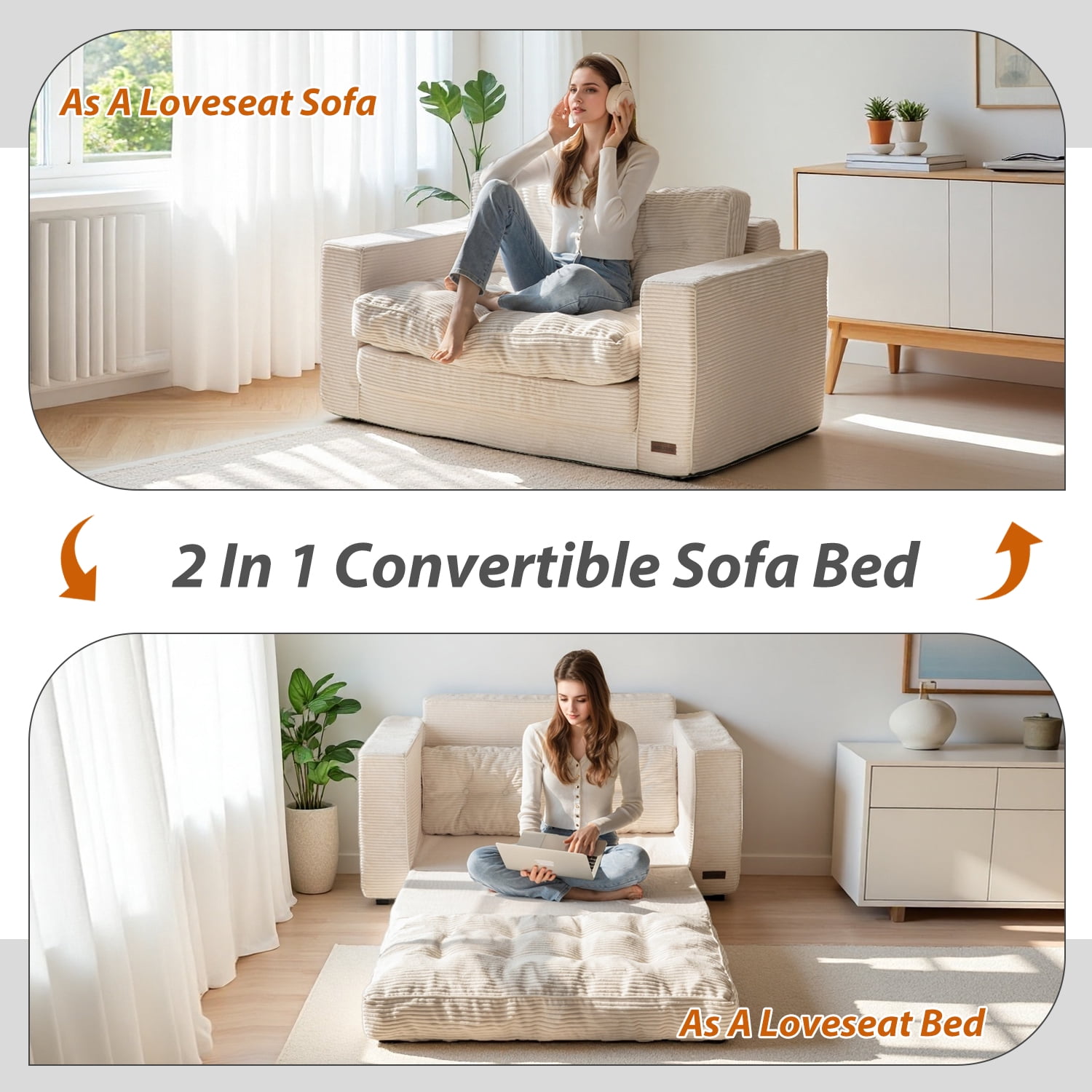 GOODONE Convertible Sofa Bed,Pull Out Couch Beds Loveseat Sleeper,2 in 1 Folding Couch Bed with Pillows for Living Room Bedroom,Beige