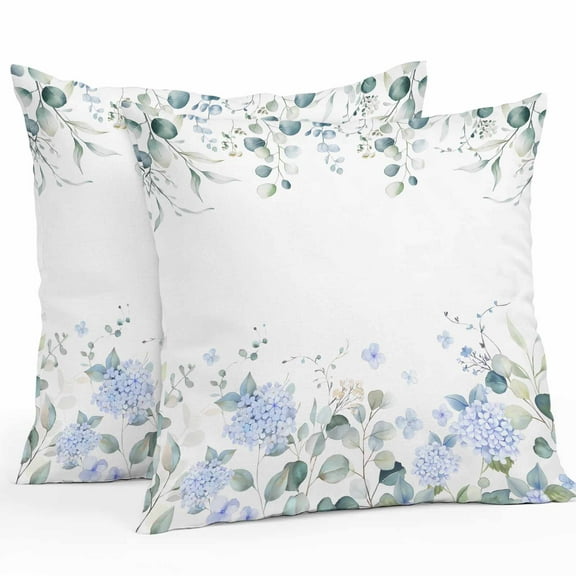 Outdoor Pillow Covers Pack of 2, Watercolor Blue Hydrangea Flower Waterproof Throw Pillowcase Cushion Cases, Green Eucalyptus Leaves Decorative Pillow Cover for Couch Sofa Home Bed Patio