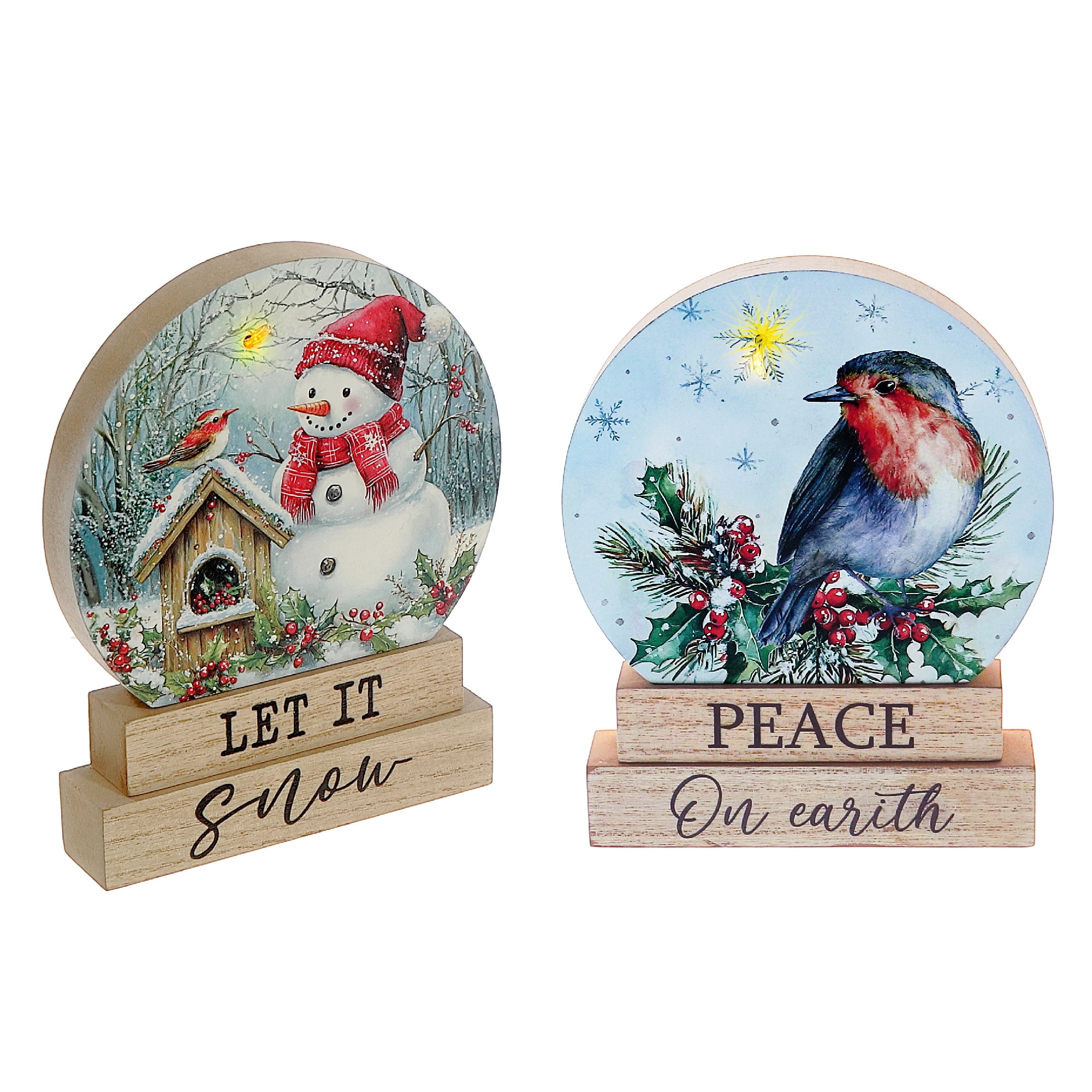 Décoration À Led Sur Pied En Bois (Mésange) (Bonhomme De Neige) (Assortiment) - Lot De 2
