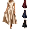 thumbnail image 2 of Oksale A Line Dresses for Women Wedding Guest Flowy Satin Dress Elegant Formal Short Sleeve V Neck Midi Dresses for Evening Party Black S, 2 of 8