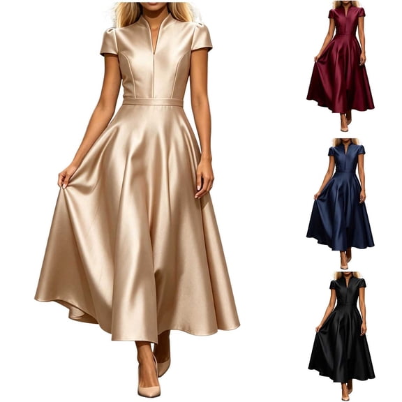 Women's V Neck Short Sleeve Midi Dress, Fit and Flare A Line Swing Dress Elegant Satin formal Dress for Wedding Guest, Cocktail Party & Evening Events Wine