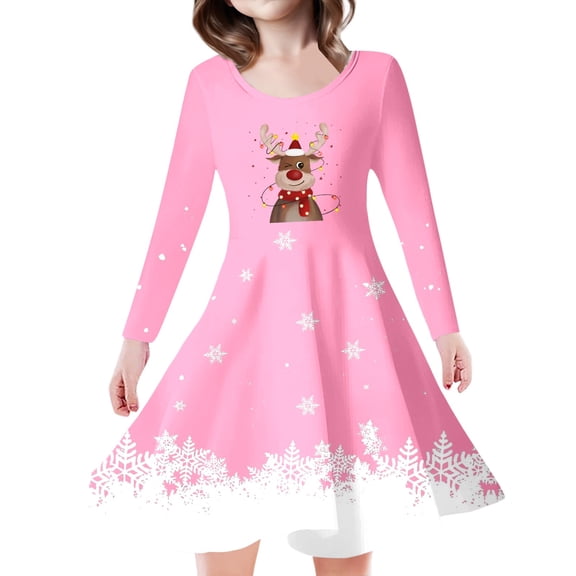 Girls Spring Dress Kids Christmas Trees Deer Print Christmas Long Sleeve Party Princess Girls Party Dress Size 6-7T