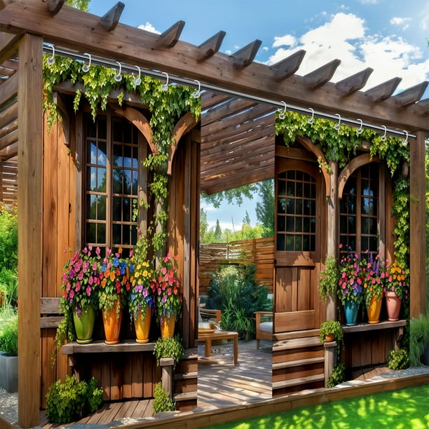 Cortinas Impermeables para Exteriores (2 Piezas), Diseño Floral Verde, 1,8 X 1,8 M, Paneles de Tela | Cortinas para Patio, Balcón, Ventana, Resistentes a La Intemperie y con Protección Uv