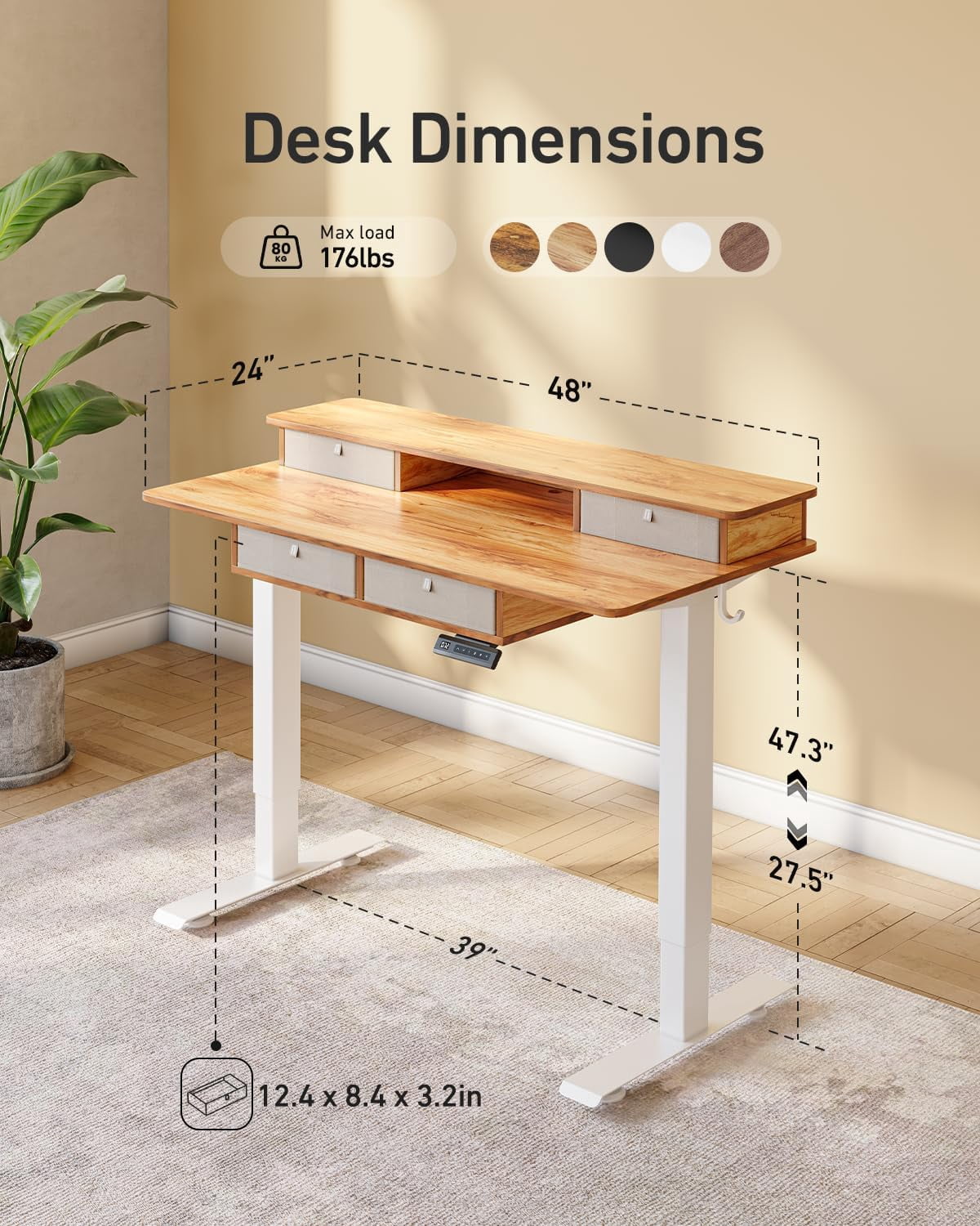 DESINO 48 x 24 Inch Height Adjustable Electric Standing Desk with Drawers, Stand Up Table with Large Storage Shelf, Sit Stand Desk for Home Office, Light Rustic Brown