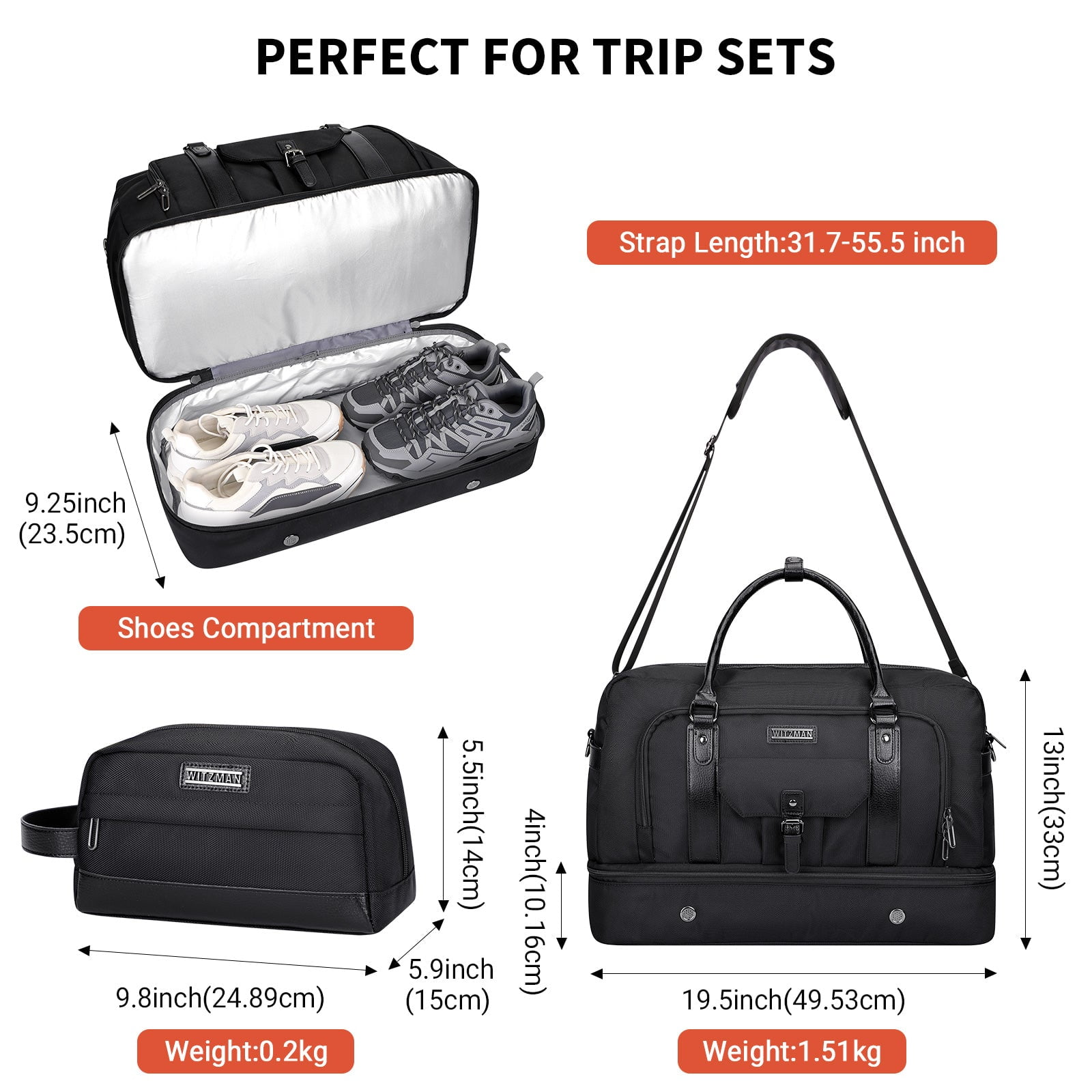 WITZMAN Weekender Bags for Men Women Carry on Duffle Overnight Bag with Toiletry Bag Sets Travel Duffel Bag Shoes Compartment（B694 Black）