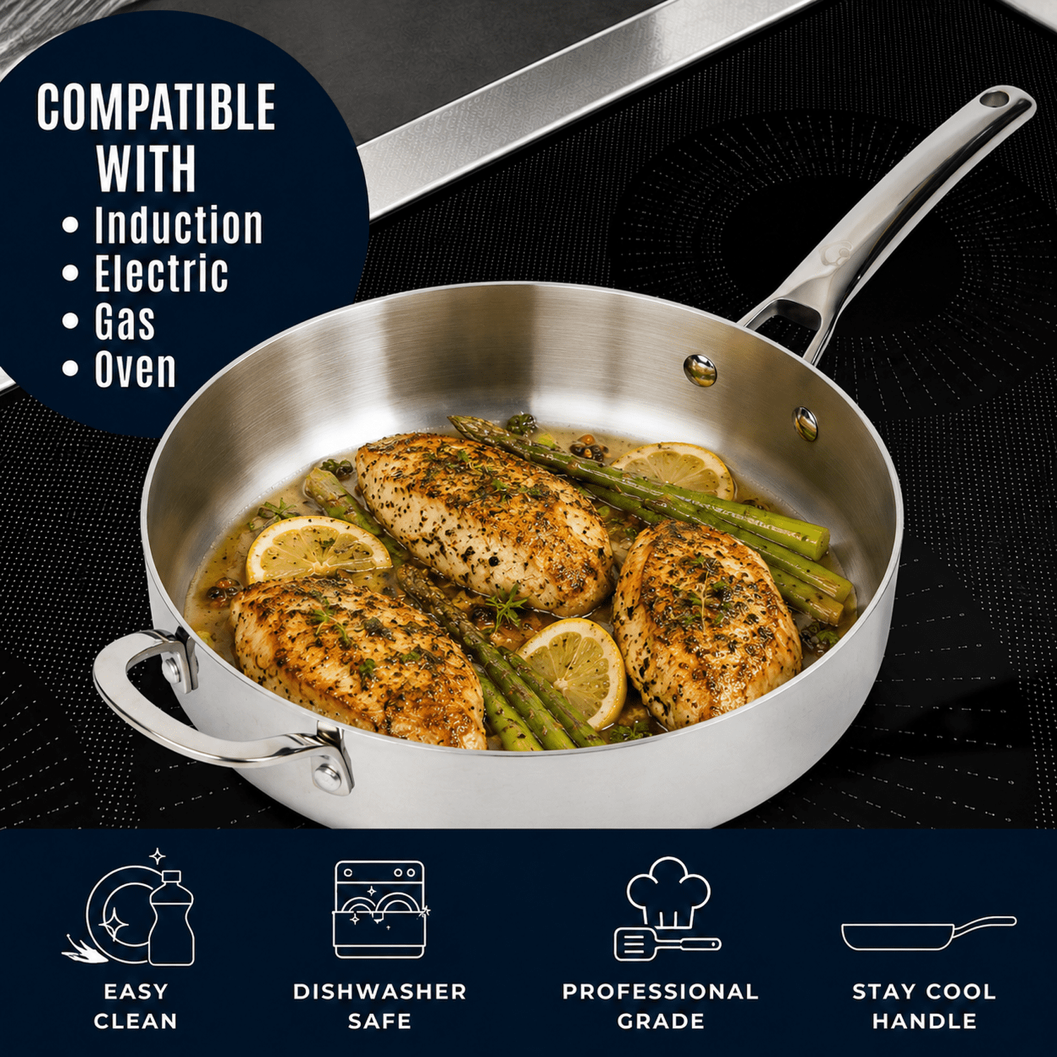 CoreClad 6-Quart Tri-Ply Stainless Steel Saute Pan with Glass Lid