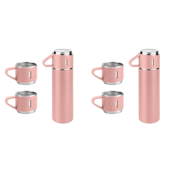 2 Pcs Vacuum Insulated Water Bottle Set 500ml 16.9oz Pink, Stainless Steel Double Wall Hot Cold Flask with 2 Cups, Leakproof Travel Coffee Thermos Gift Set, Drinkware